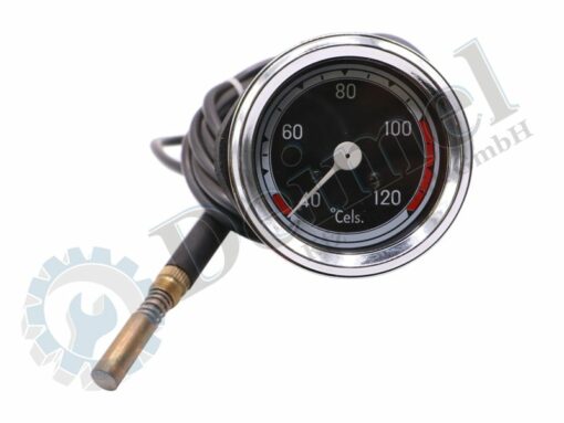 mechanischer Fernthermometer, Temperaturanzeige, Durchmesser 60mm, schwarzes Ziffernblatt, rote markierung von 0 bis 45 Grad und von 100 bis 120 Grad, Ansicht von vorne