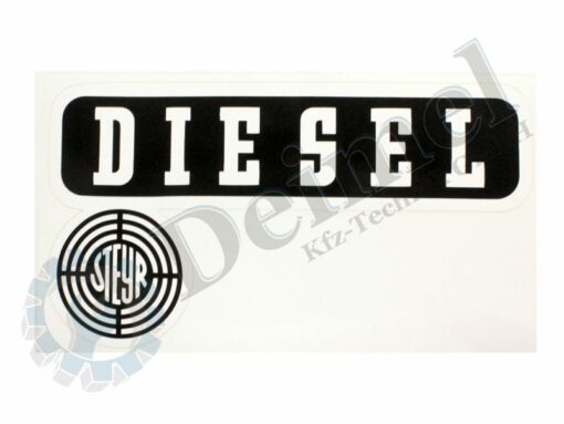 Aufkleber Motorhaube links "Diesel" Steyr Zeichen unter der Schrift, weiße Schrift auf weißen Hintergrund