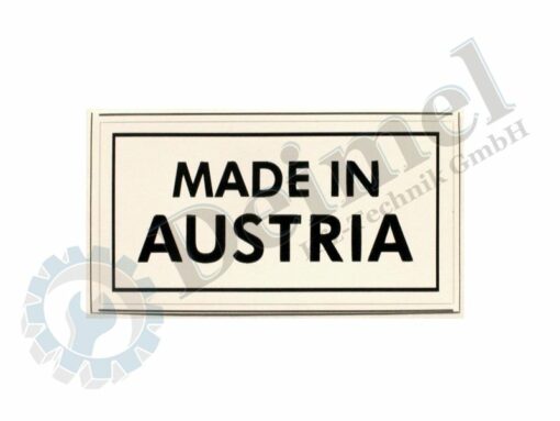Aufkleber "Made in Austria" schwarze Schrift auf weißem Hintergrund