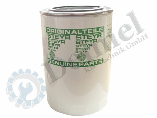 Original Steyr Motorölfilter, weiß mit grüner Aufschrift