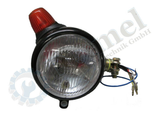 Scheinwerfer Ei-förmig rechts mit Blinker, Anbau 90° mit Rohranschluss, Metallgehäuse schwarz
