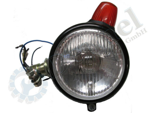 Scheinwerfer Ei-förmig links mit Blinker, Anbau 90° mit Rohranschluss, Metallgehäuse schwarz