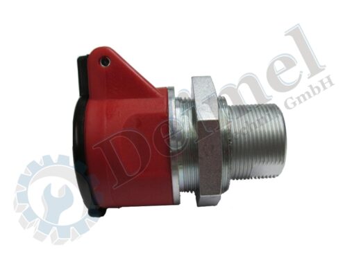 Hydraulikkupplung, Nachbau für Steyr Serie 80, Kontermutter zur Befestigung, mit schwarzem Deckel und rotem Halter für den Deckel
