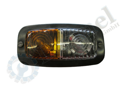 Leuchte komplett vorne am Kotflügel mit Blinker, orange und Standlicht, weiß, Gehäuse aus Blech schwarz,