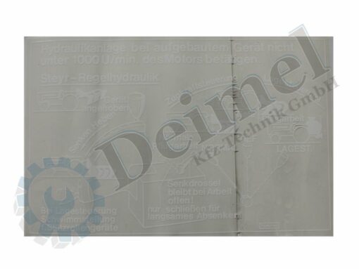 Original Steyr Aufkleber, weiße Schrift mit Anleitung zur Betätigung der Regelhydraulik