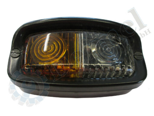 Leuchte komplett vorne am Kotflügel mit Blinker mit Schirm, orange und Standlicht, weiß, Gehäuse aus Blech schwarz,