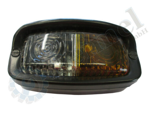 Leuchte komplett vorne am Kotflügel mit Blinker, orange und Standlicht, weiß, Gehäuse aus Blech schwarz,