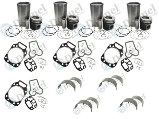 Motorreparatursatz MWM Motor mit Turbo 4 Zylinder, bestehend aus 4x Kolben, Kolbenringen, Kolbenbolzen – Hersteller: Kolbenschmidt 4x Zylinderlaufbüchse mit O-Ringen – Hersteller: Kolbenschmidt 4x Zylinderkopfdichtsatz – Hersteller Elring 4x Pleuellager Standard- Hersteller: Kolbenschmidt