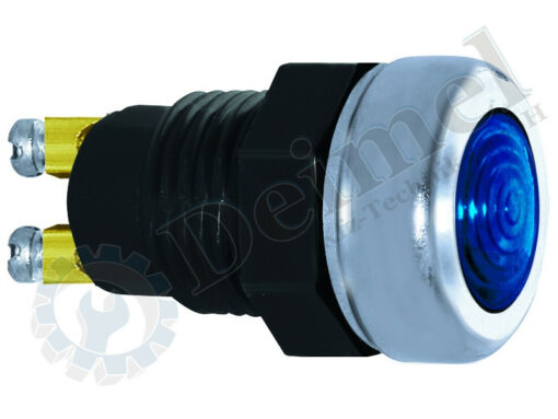 Kontrollleuchte, Kunststoff, schwarz, Ring Aluminium, Chrom, Lichtscheibe blau