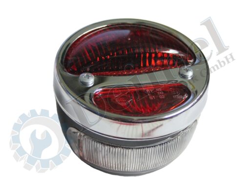 Schlussleuchte verchromte Abdeckung mit 2 Kammern für 21 Watt rot ( Bremslicht ) und 5 Watt rot ( Standlicht ), mit Kennzeichenbeleuchtung