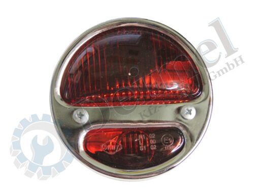 Schlussleuchte verchromte Abdeckung mit 2 Kammern für 21 Watt rot ( Bremslicht ) und 5 Watt rot ( Standlicht ), ohne Kennzeichenbeleuchtung