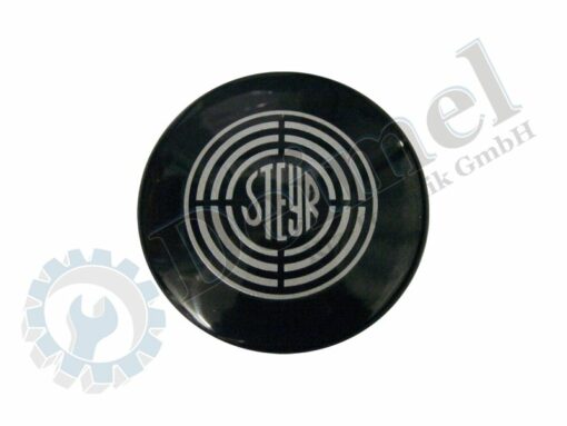 Kappe, Abdeckkappe für das Lenkrad für Steyr Plus Serie, Kunststoff schwarz, mit altem Steyr Logo in Silber