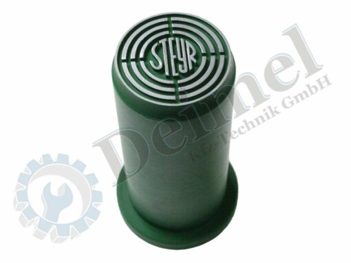 Zapfwellenschutzkappe, aus Gummi, grün mit alten Steyr Logo in Silber am Ende
