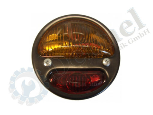 Schlussleuchte schwarze Abdeckung mit 2 Kammern für 21 Watt Orange, Bremslicht bzw. Blinker, und 5 Watt rot Standlicht, mit Kennzeichenbeleuchtung. Durchmesser ca. 90 mm