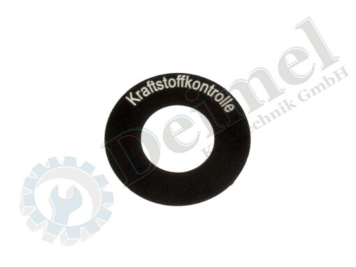 Schild rund Druchmesser außen 34mm, Bohrung 16,80mm Stärke 1mm, aus Aluminium oben und unten geschwärzt mit weißer Aufschrift "Kraftstoffkontrolle"