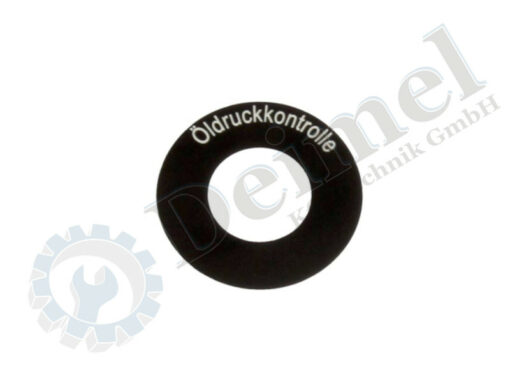 Schild rund Druchmesser außen 34mm, Bohrung 16,80mm Stärke 1mm, aus Aluminium oben und unten geschwärzt mit weißer Aufschrift "Öldruckkontrolle"