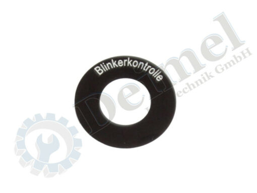 Schild rund Druchmesser außen 34mm, Bohrung 16,80mm Stärke 1mm, aus Aluminium oben und unten geschwärzt mit weißer Aufschrift "Blinkerkontrolle"