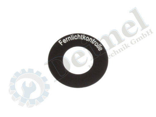 Schild rund Druchmesser außen 34mm, Bohrung 16,80mm Stärke 1mm, aus Aluminium oben und unten geschwärzt mit weißer Aufschrift "Fernlichtkontrolle"
