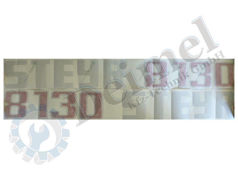 Aufkleber für die Motorhaube Links und Rechts, Schriftzug Steyr 8130, hellgrau, rot