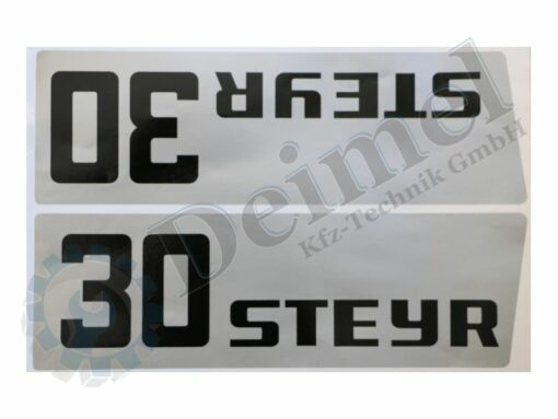 Aufkleber Set „Steyr 30“ bestehend aus 2 Stk Aufkleber – 1x rechts und 1x links an der Motorhaube, Silber mit Schwarzer Aufschrift