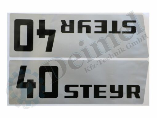 Aufkleber Set „Steyr 40“ bestehend aus 2 Stk Aufkleber – 1x rechts und 1x links an der Motorhaube, Silber mit Schwarzer Aufschrift