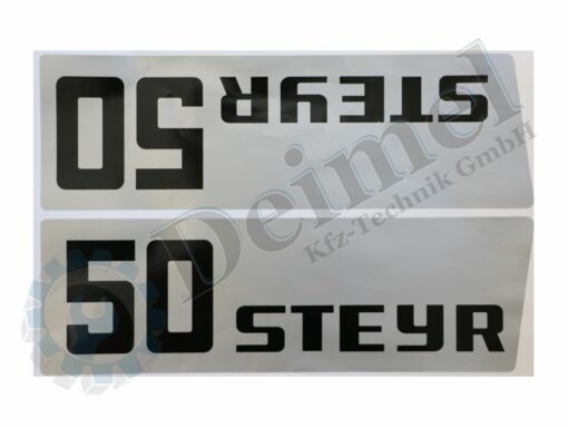 Aufkleber Set „Steyr 50“ bestehend aus 2 Stk Aufkleber – 1x rechts und 1x links an der Motorhaube, Silber mit Schwarzer Aufschrift