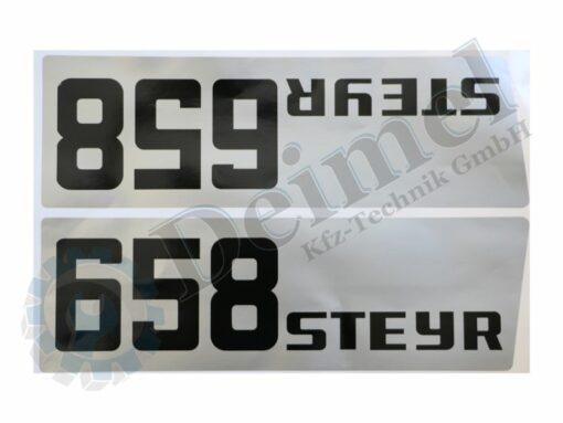 Aufkleber Set „Steyr 658“ bestehend aus 2 Stk Aufkleber – 1x rechts und 1x links an der Motorhaube, Silber mit Schwarzer Aufschrift