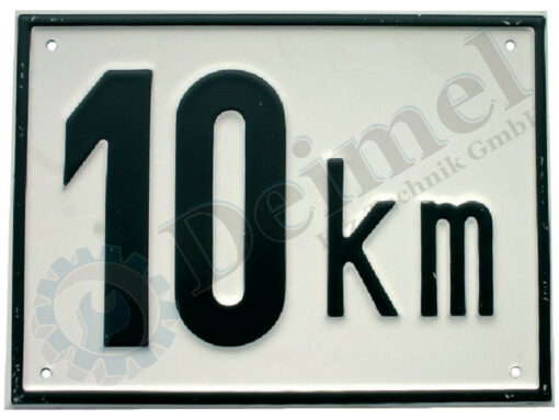 Schild 10 km, Blech 200x145mm, weiß mit schwarzer Schrift