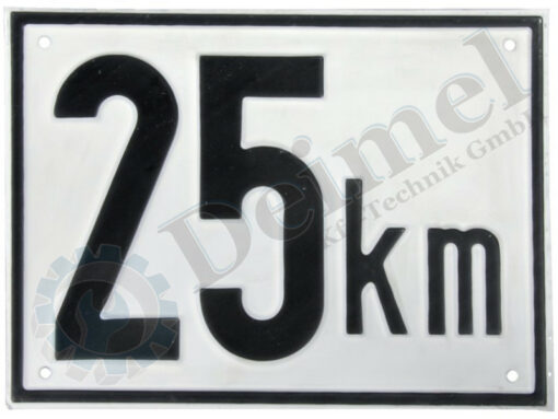 Schild blech 25km, 200x145mm, weiß mit schwarzer Schrift und schwarzer Umrandung