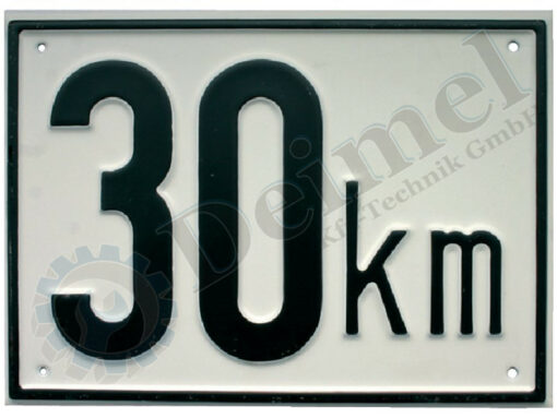 Schild, Blech, 30km, 200x145mm, weiß mit schwarzer Schrift und schwarzer Umrandung